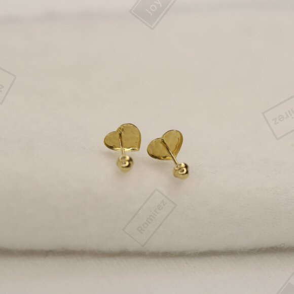 14K Solid Gold Faceted Heart Stud Earrings • 6mm Textured Romantic Design - Picture 6 of 8